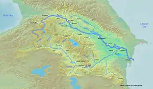 Mapa da região do rio Kura, indicando a sua bacia