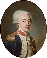 Marquis de Lafayette (1757–1834) usando uma peruca com pó, uma parte comum do vestuário masculino  por volta de c. 1795.