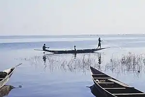 Um pescador jogando a tarrafa Lake Sélingué, Mali.