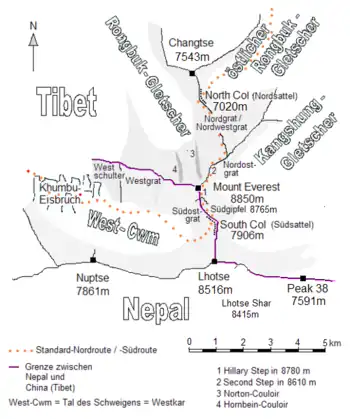 Mapa do Monte Everest, Colo Sul, e Escalão Hillary Step