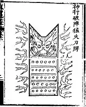 Um escudo com lanças de fogo nas laterais como publicado no Huolongjing, usado para quebrar as formações inimigas.