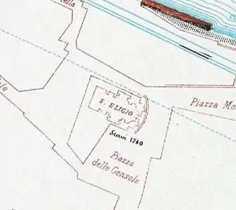 Diagrama da igreja e da praça (também perdida) por Rodolfo Lanciani.