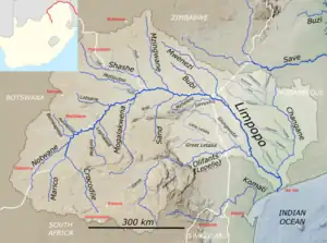 A bacia hidrográfica do Limpopo com o Notwane (centro à esquerda)