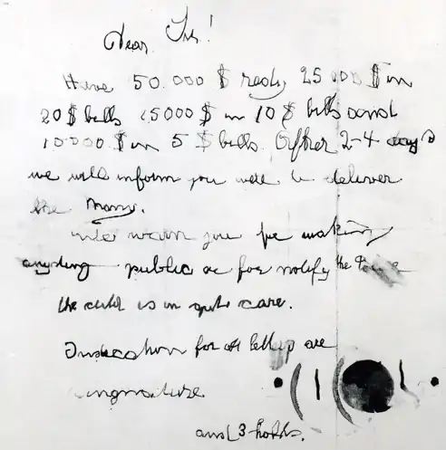Ransom note left at site of Lindbergh baby kidnapping