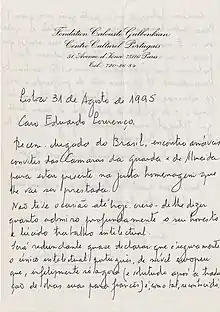 Carta a Eduardo Lourenco, Lisboa 31 de Agosto de 1995
