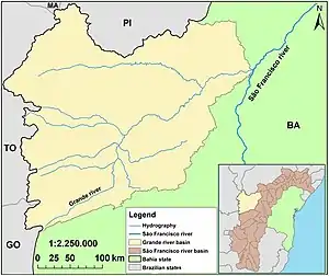 Mapa da bacia do Rio Grande, parte da bacia do rio São Francisco.