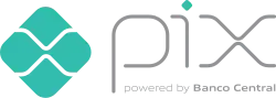 Logomarca do sistema de pagamentos Pix. Um losango com as arestas arredondadas, de cor verde água, entrecruzado por uma letra "X" branca estilizada. À direita lê-se: "pix. powered by Banco Central.