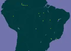 Mapa mostrando ocorrência confirmada de L. lactescens no Brasil.
