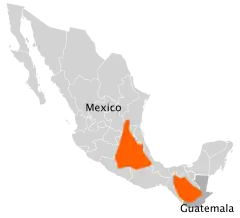 Distribuição das espécies de Lophospermum (a distribuição é descontínua nas áreas assinaladas).