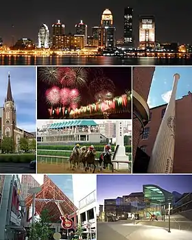 Do topo, da esquerda para a direita: Panorama de Downtown Louisville à noite, a Catedral de Assunção, fogos de artifício no Festival Kentucky Derby, Kentucky Derby, Louisville Slugger Museum & Factory, Fourth Street Live! e The Kentucky Center