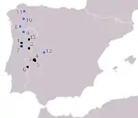 Distribuição geográfica das inscrições lusitanas com desinências.