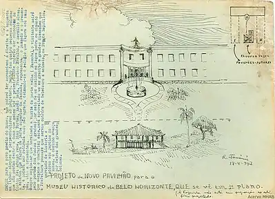 Croqui de edifício anexo para ao Museu Histórico de Belo Horizonte desenhado a lápis por Raul Tassini