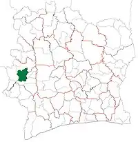 Localização na Costa do Marfim. Man (departamento) tem esses limites desde 2005.