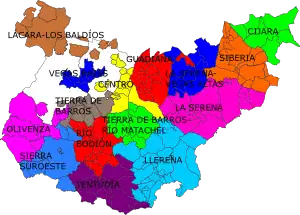 Mapa das mancomunidades integrais da província de Badajoz