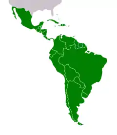 Mapa da América do Sul e Central. A região do Caribe, no leste, desde o sul da Flórida, até a região sudeste do Brasil, é o habitat da espécie C. regius, no Oceano Atlântico, em águas de arrecifes rasos, entre as rochas da zona entremarés.