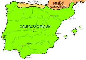 legenda=Reino das Astúrias (a amarelo) no ano 750, no fim do Califado Omíada