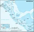 Um mapa de Monróvia da ONU de 1999, mostrando a localização da Mansão Executiva