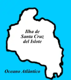 Mapa da ilha Santa Cruz del Islote, mostra um porção de terra representada com branco, cortornada de preto e ocupando quase toda a imagem, com o nome da ilha ao centro, circundada pelo Oceano Atlântico retratado com a cor azul