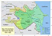 Mapa da primeira República Democrática do Azerbaijão e os territórios reivindicados