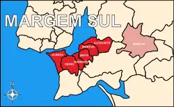 &nbsp;&nbsp;Concelhos que constituem a Margem Sul.
&nbsp;&nbsp;Área dos concelhos que constituem a Margem Sul que se encontra fora da mesma (exclave do Montijo).
