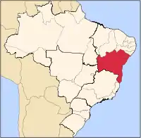 Mapa do Brasil destacando em vermelho a área de abrangência da Regional Nordeste III: os estados da Bahia e de Sergipe.