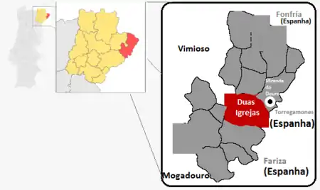 Localização de Duas Igrejas no concelho de Miranda do Douro.