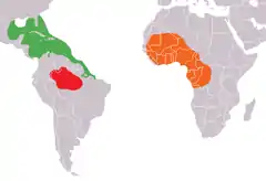 Distribuição do Trichechus:verde: T. manatusvermelho: T. inunguislaranja: T. senegalenis