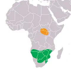 Mapa de distribuição original do rinoceronte-branco: Laranja = Ceratotherium simum cottoni. Verde = Ceratotherium simum simun