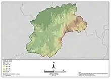 Mapa do relevo do município de Braga em 6 classes de 100 metros, entre a classe menor e igual a 100 até à classe maior de 500 metros.