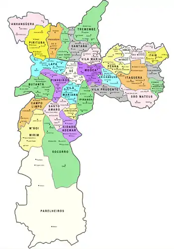 Mapa da divisão política do município de São Paulo.