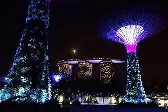 Visão noturna de Marina Bay Sands do Gardens by the Bay