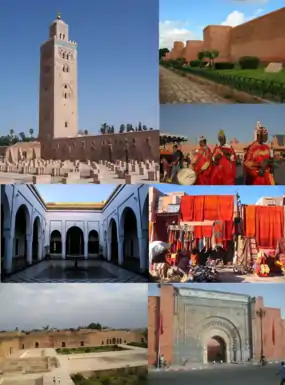 De cima para baixo e da esquerda para a direita: 1) minarete da Mesquita Cutubia; 2) muralhas da almedina; 3) músicos Gnaoua na praça Jemaa el-Fna; 4) palácio da Bahia; 5) tapetes à venda num soco; 6) palácio el Badi; 7) exterior da porta Bab Agnaou