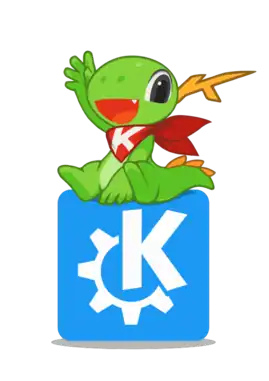 Konqi, mascote do ambiente KDE em sua nova aparência.