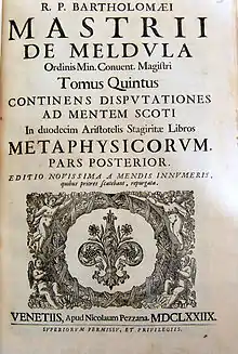 Capa em latim indicando notadamente «&nbsp;Bartholomæi Mastrii, Tomus quintus, Continens disputationes ad mentem Scoti&nbsp;», datado de 1678