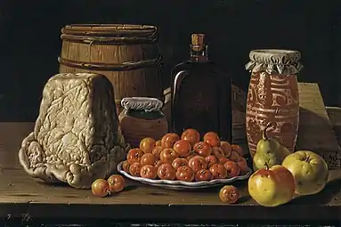Queijo, tonel, garrafa de vidro, potes e caixas.Still Life with Fruit and Cheese por Luis Egidio Meléndez; 1771, 41 × 62&nbsp;cm, Museu do Prado.