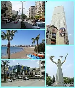 De cima para baixo e da esquerda para a direita: 1)&nbsp;Avenida Gazi Mustafa, na área de Toroslar; 2)&nbsp;Torre Mertim, na área de Kuvay-Miliye; 3)&nbsp;Praia de Atakent; 4)&nbsp;Monumento à Paz, na Praça Klima; 5)&nbsp;Centro comercial Forum, na área de Guvernevler