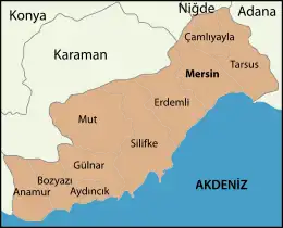 Mapa dos distritos da província de Mersin