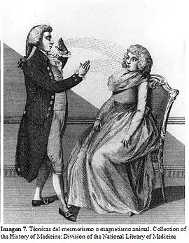 Representação do fluido magnético saindo pelas mãos de Mesmer