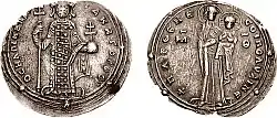 Miliarésio cunhado por Romano&nbsp;III Argiro (r. 1028–1034), com a Virgem com o infante Cristo no anverso e o imperador de pé no reverso.