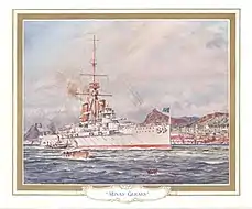 Minas Geraes pintada em 1908 por Charles de Lacy para Armstrong Whitworth, a partir de livreto impresso disponível no lançamento