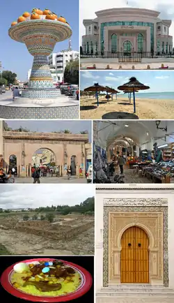 Imagens de Nabeul; de cima para baixo e da esquerda para direita: 1) monumento às laranjas de Nabeul; 2) Sede do município; 3) praia; 4) porta da cidade; 5) soco; 6) "Casa das Ninfas", no sítio arqueológico de Neápolis; 7) porta da Grande Mesquita; 8) prato de cuscuz tradicional do Ano Novo muçulmano.