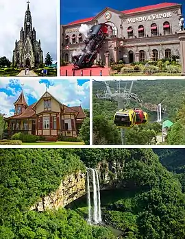 Da esquerda para a direita e de cima para baixo: Catedral de Pedra; Fachada do Mundo a Vapor; Castelinho Caracol; Bondes da Cascata do Caracol; Cascata do Caracol.