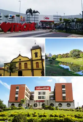 Do alto em sentido horário: Itaquá Garden Shopping, Igreja de Nossa Senhora da Ajuda, Parque Ecológico Mário do Canto e Hospital Geral de Itaquaquecetuba.