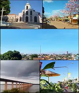 Em sentido horário: Biblioteca Municipal Orlando Lima Lobo e a Igreja de São Félix de Valois, em 2010, no bairro Francisco Coelho, na Velha Marabá; flora dos ipês-roxos, em 2017, na Avenida Paraíso, bairro Liberdade, na Cidade Nova; panorama da Nova Marabá, em 2017, a partir do Campus Industrial do IFPA; jardins da Orla do Tocantins, em 2011, no Centro, Velha Marabá, e; Ponte Mista de Marabá, em 2011, com o São Félix ao fundo.
