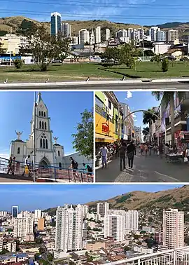 De cima para baixo e da esquerda para direita: Via Light; Catedral de Nova Iguaçu; Calçadão de Nova Iguaçu; Panorama do centro da cidade.