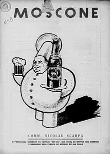 Caricatura de Nicolau Scarpa no jornal humorístico da colônia italiana paulista Moscone, em 1937. O comendador segura uma bandeja com a cerveja Caracu