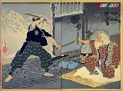 Uma arteque descreve o encontro fictício entre os espadachins Miyamoto Musashi e Tsukahara Bokuden, o primeiro usando as duas espadas no estilo Niten ichi-ryū.