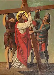 Autor desconhecido: Jesus é auxiliado por Simão Cireneu, óleo sobre tela, c. 1900, Capela Nosso Senhor dos Passos da Santa Casa.