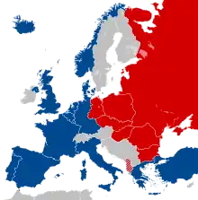 A map of Europe showing several countries on the left in blue, and ones on the right are in red. Other unaffiliated countries are in white.