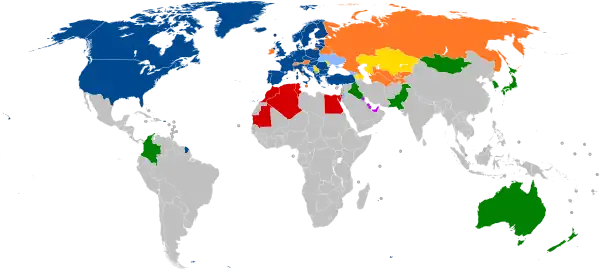 A world map with countries in blue, cyan, orange, yellow, purple, and green, based on their NATO affiliation